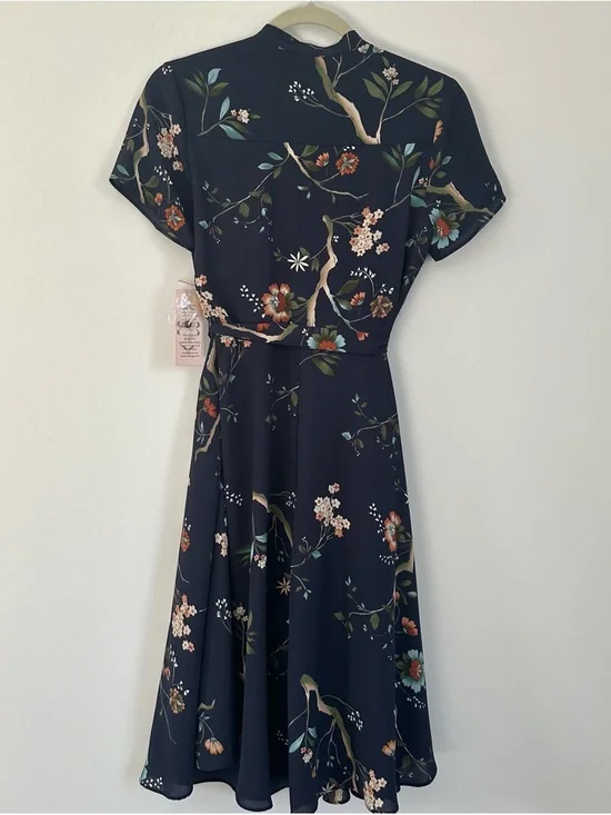 (NWT) NANETTE LEPORE Navy Floral Print Pintuck Dress - Picture 8 of 16